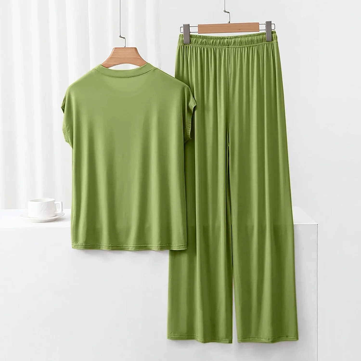 Womens 2 Piece Outfits 2025 Summer Casual Loose Modal Short Sleeve Tops & Wide Leg Pants Lounge Pajama Sets