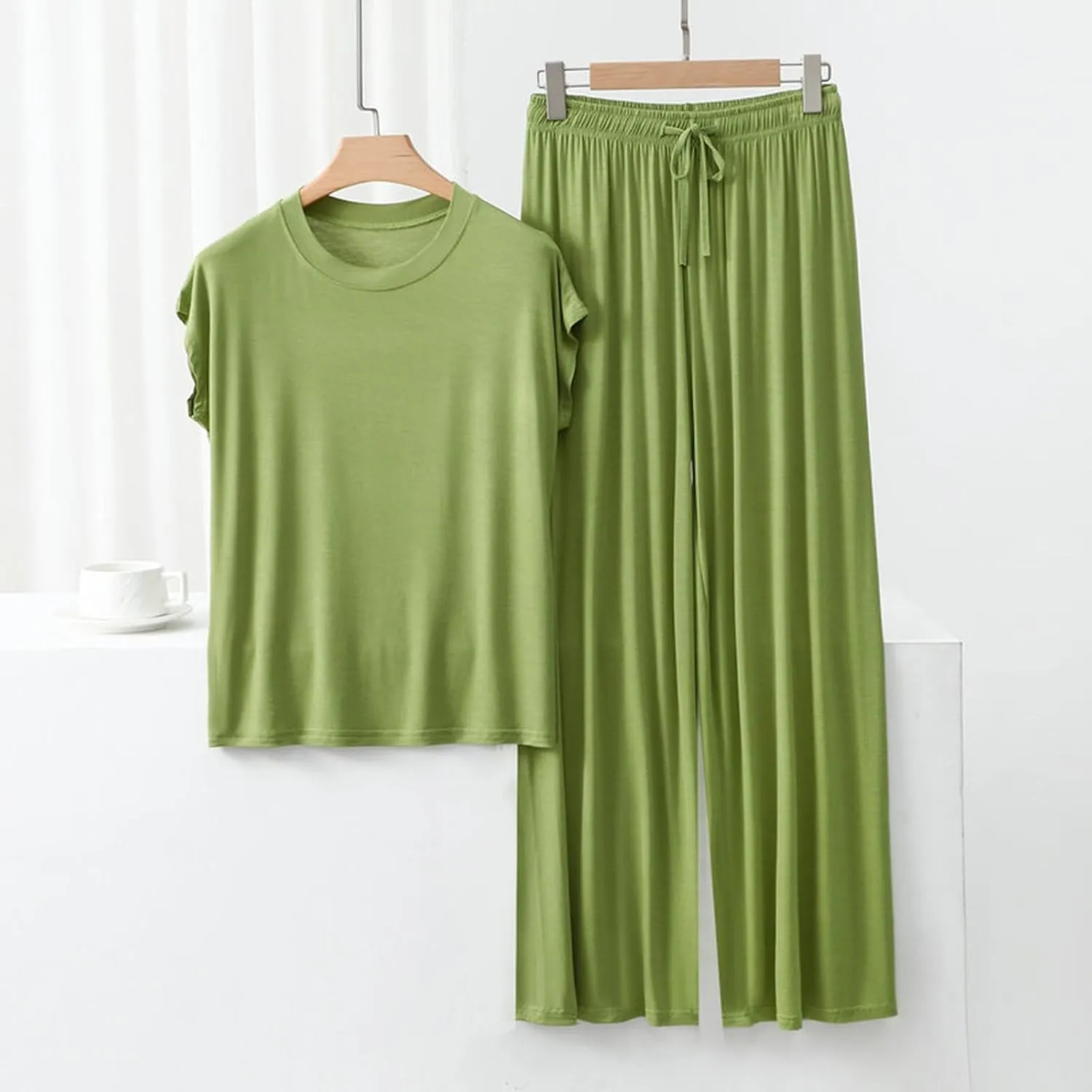 Womens 2 Piece Outfits 2025 Summer Casual Loose Modal Short Sleeve Tops & Wide Leg Pants Lounge Pajama Sets