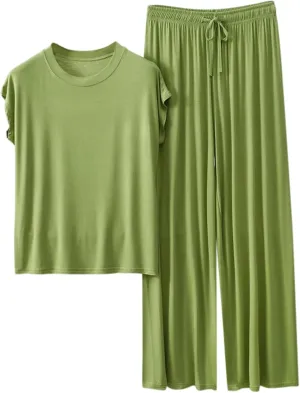 Womens 2 Piece Outfits 2025 Summer Casual Loose Modal Short Sleeve Tops & Wide Leg Pants Lounge Pajama Sets