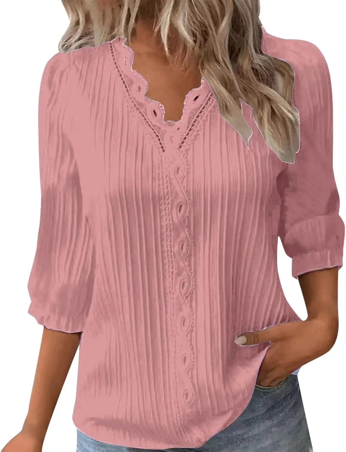 Women's 3/4 Sleeve Tops Elegant Lace V Neck Dressy Casual Shirt Blouse Trendy Outfits 2025 Fashion Clothes