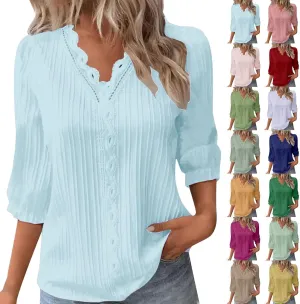 Women's 3/4 Sleeve Tops Elegant Lace V Neck Dressy Casual Shirt Blouse Trendy Outfits 2025 Fashion Clothes