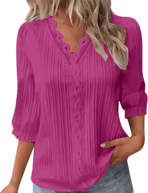 Women's 3/4 Sleeve Tops Elegant Lace V Neck Dressy Casual Shirt Blouse Trendy Outfits 2025 Fashion Clothes