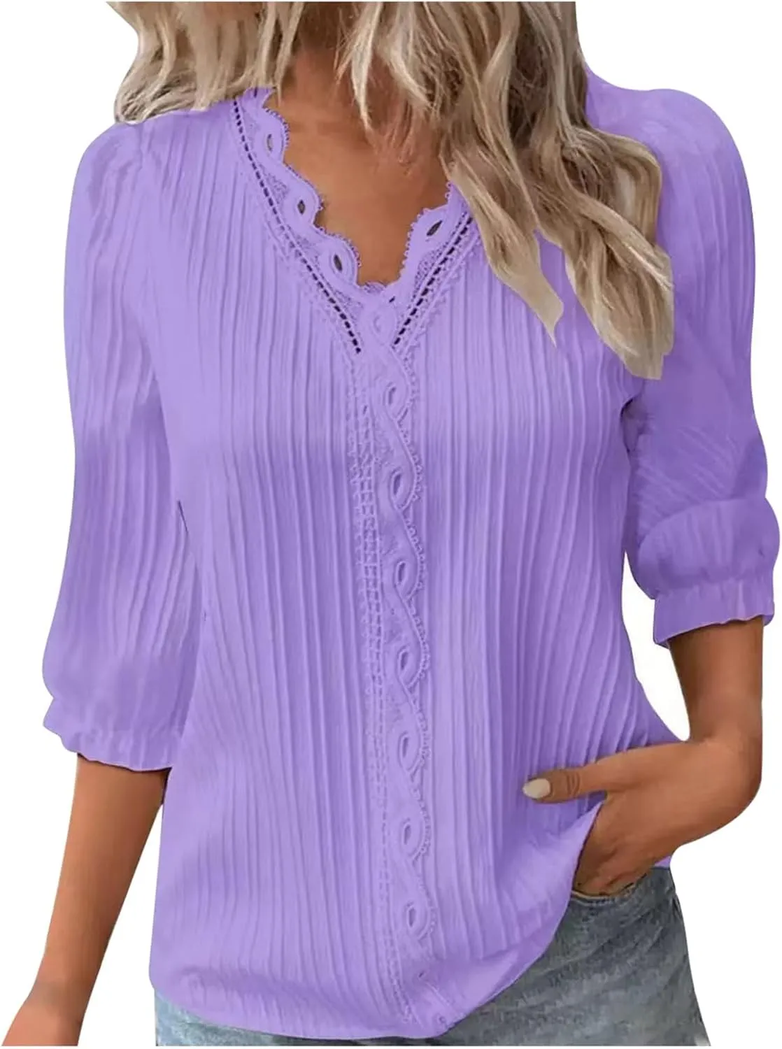 Women's 3/4 Sleeve Tops Elegant Lace V Neck Dressy Casual Shirt Blouse Trendy Outfits 2025 Fashion Clothes