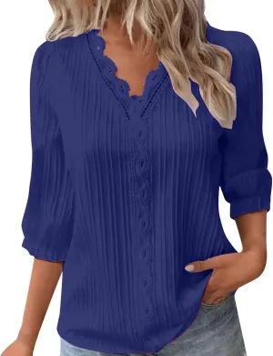 Women's 3/4 Sleeve Tops Elegant Lace V Neck Dressy Casual Shirt Blouse Trendy Outfits 2025 Fashion Clothes