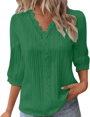 Women's 3/4 Sleeve Tops Elegant Lace V Neck Dressy Casual Shirt Blouse Trendy Outfits 2025 Fashion Clothes