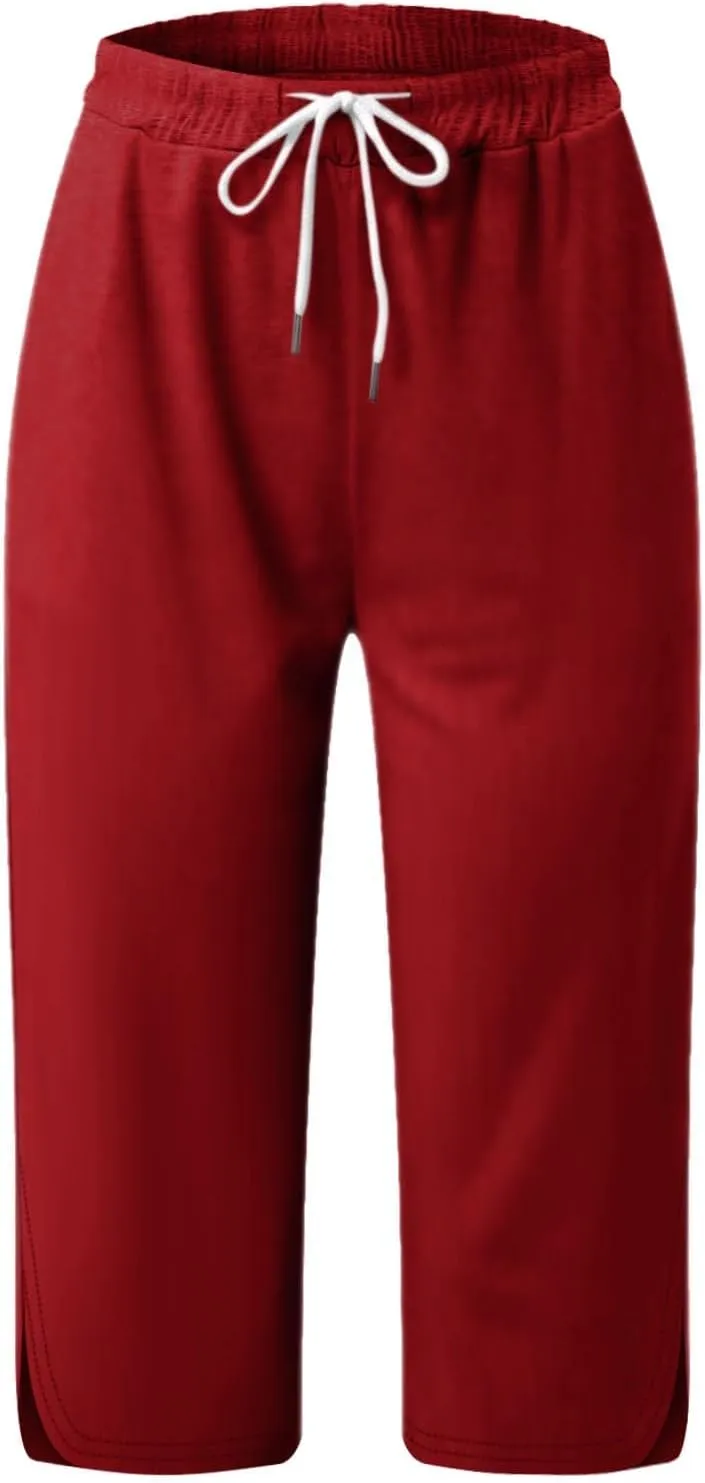 Womens Capri Yoga Pants Loose Workout Joggers Drawstring Sweatpants Lounge Pajama Capris Pants with Pockets