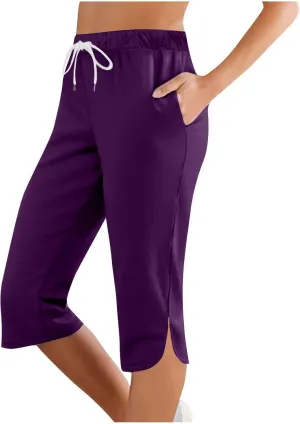 Womens Capri Yoga Pants Loose Workout Joggers Drawstring Sweatpants Lounge Pajama Capris Pants with Pockets