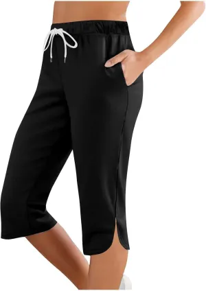 Womens Capri Yoga Pants Loose Workout Joggers Drawstring Sweatpants Lounge Pajama Capris Pants with Pockets