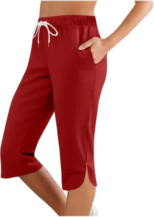 Womens Capri Yoga Pants Loose Workout Joggers Drawstring Sweatpants Lounge Pajama Capris Pants with Pockets