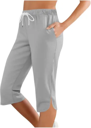 Womens Capri Yoga Pants Loose Workout Joggers Drawstring Sweatpants Lounge Pajama Capris Pants with Pockets