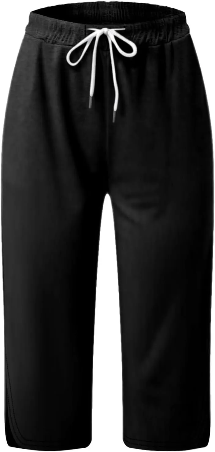Womens Capri Yoga Pants Loose Workout Joggers Drawstring Sweatpants Lounge Pajama Capris Pants with Pockets