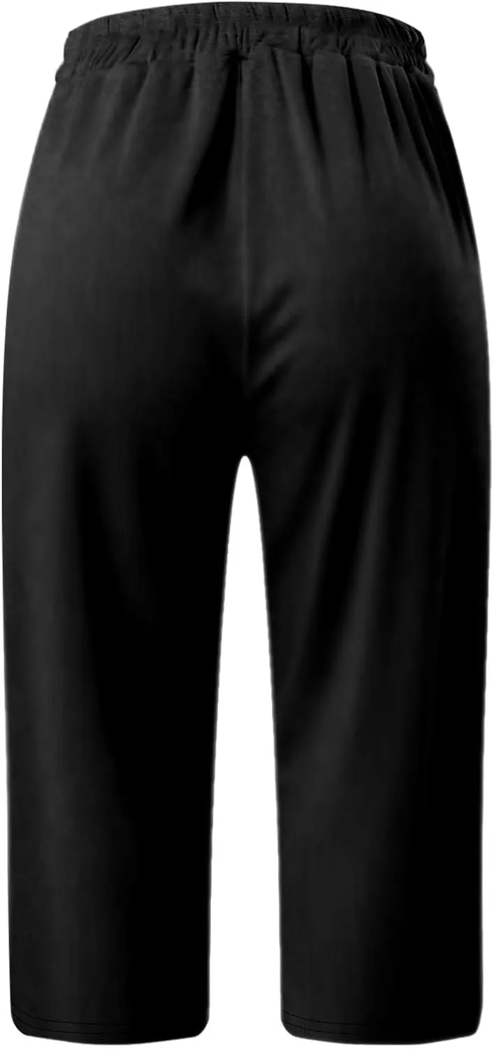 Womens Capri Yoga Pants Loose Workout Joggers Drawstring Sweatpants Lounge Pajama Capris Pants with Pockets