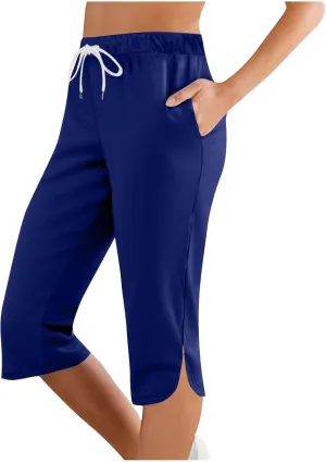 Womens Capri Yoga Pants Loose Workout Joggers Drawstring Sweatpants Lounge Pajama Capris Pants with Pockets