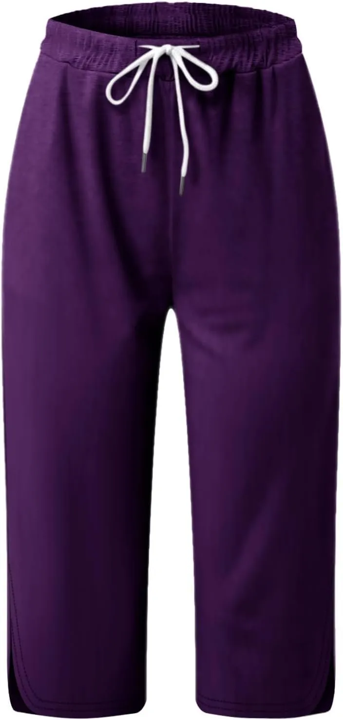 Womens Capri Yoga Pants Loose Workout Joggers Drawstring Sweatpants Lounge Pajama Capris Pants with Pockets