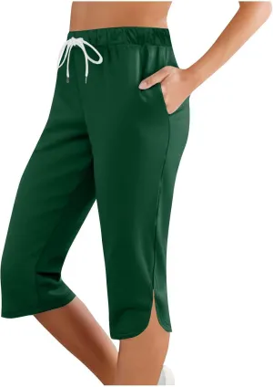 Womens Capri Yoga Pants Loose Workout Joggers Drawstring Sweatpants Lounge Pajama Capris Pants with Pockets