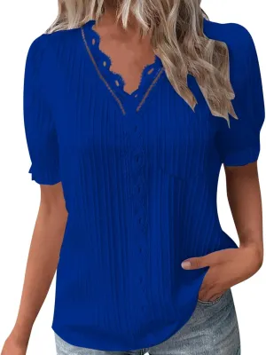 Women's Elegant Lace V Neck Puff Short Sleeve Dressy Casual Tops Shirt Blouse with Pocket Trendy Outfit 2025