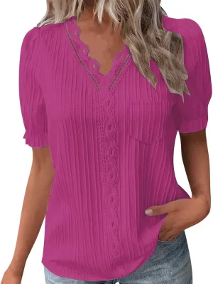 Women's Elegant Lace V Neck Puff Short Sleeve Dressy Casual Tops Shirt Blouse with Pocket Trendy Outfit 2025