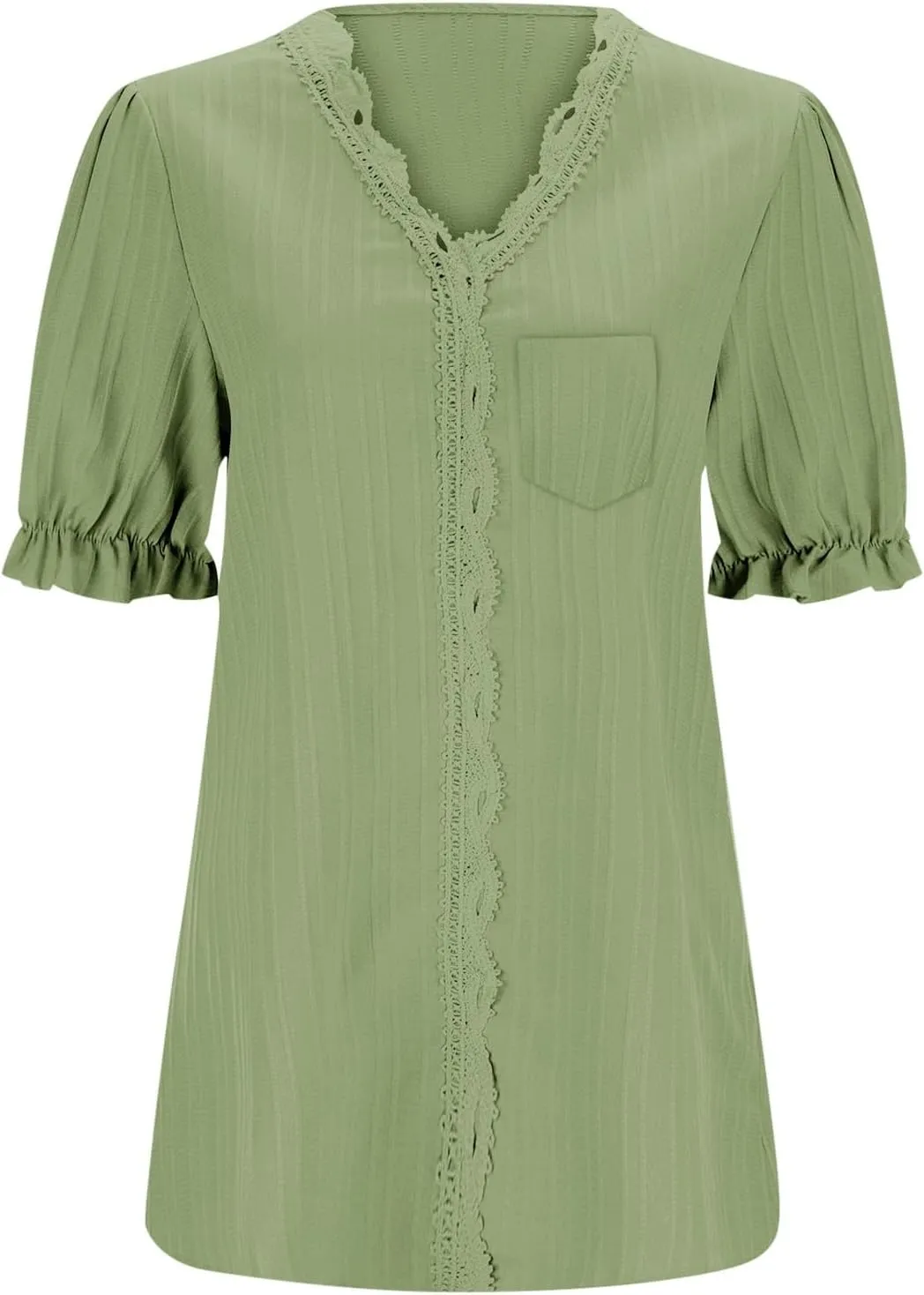 Women's Elegant Lace V Neck Puff Short Sleeve Dressy Casual Tops Shirt Blouse with Pocket Trendy Outfit 2025