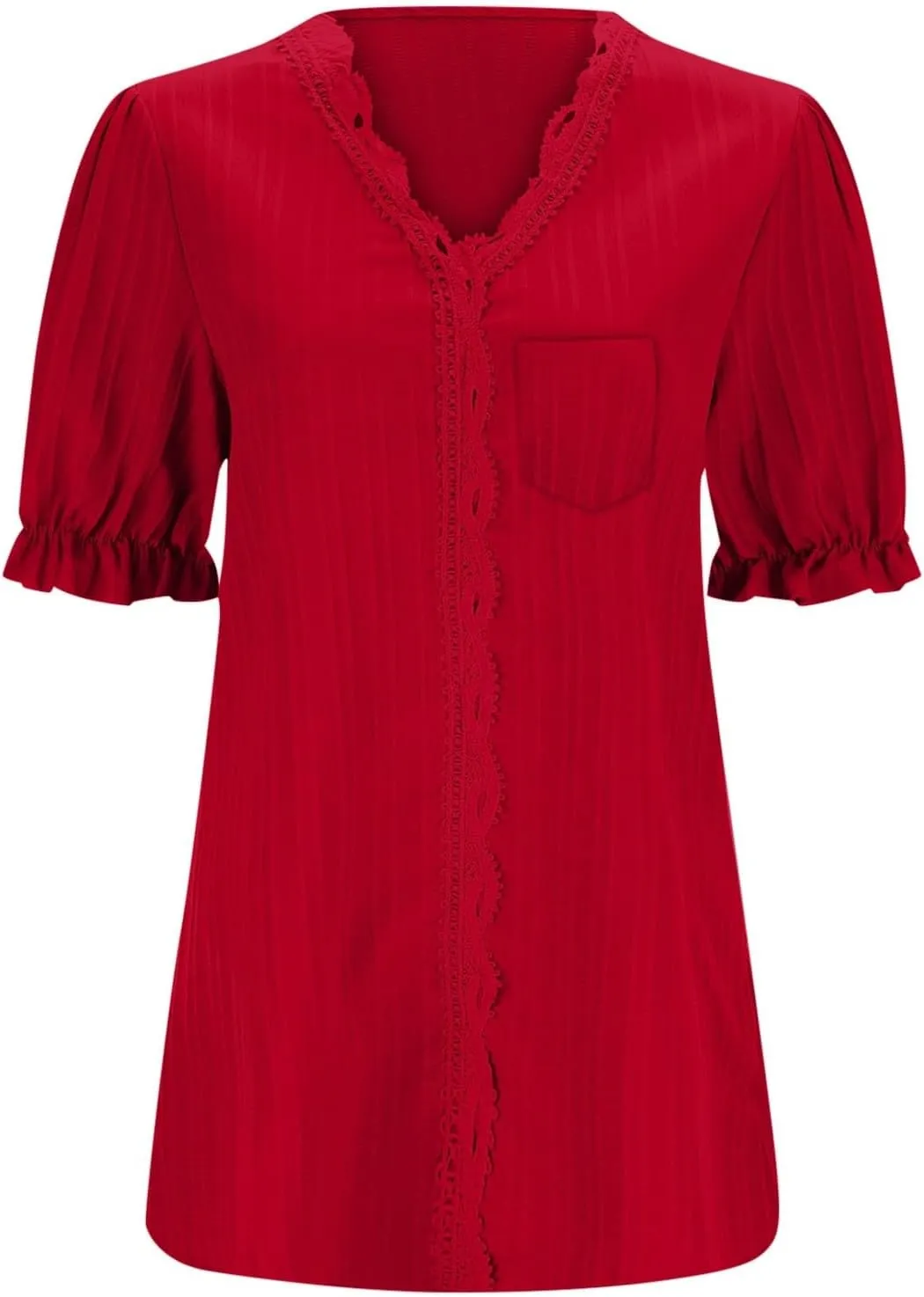 Women's Elegant Lace V Neck Puff Short Sleeve Dressy Casual Tops Shirt Blouse with Pocket Trendy Outfit 2025