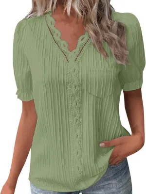 Women's Elegant Lace V Neck Puff Short Sleeve Dressy Casual Tops Shirt Blouse with Pocket Trendy Outfit 2025