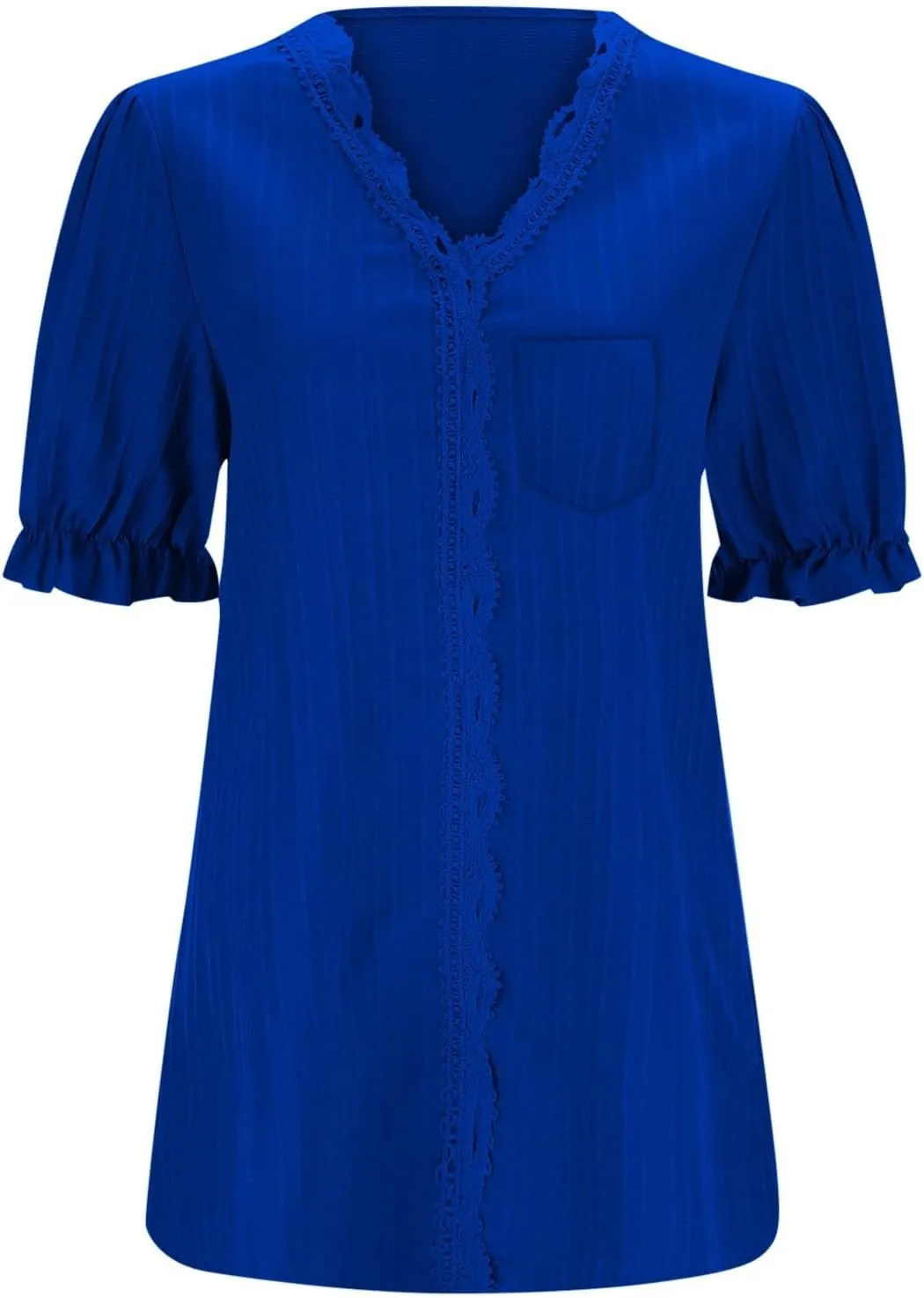 Women's Elegant Lace V Neck Puff Short Sleeve Dressy Casual Tops Shirt Blouse with Pocket Trendy Outfit 2025