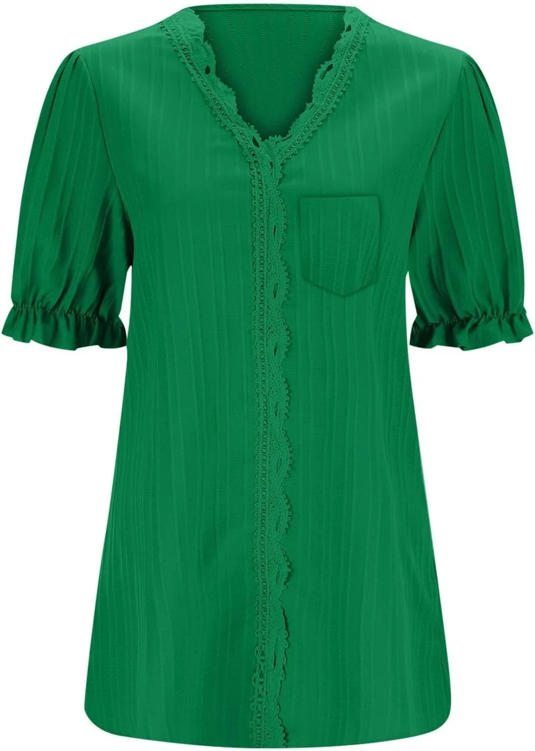 Women's Elegant Lace V Neck Puff Short Sleeve Dressy Casual Tops Shirt Blouse with Pocket Trendy Outfit 2025