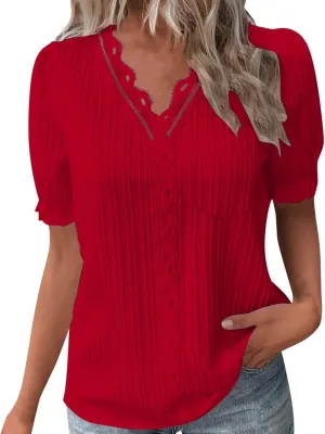 Women's Elegant Lace V Neck Puff Short Sleeve Dressy Casual Tops Shirt Blouse with Pocket Trendy Outfit 2025