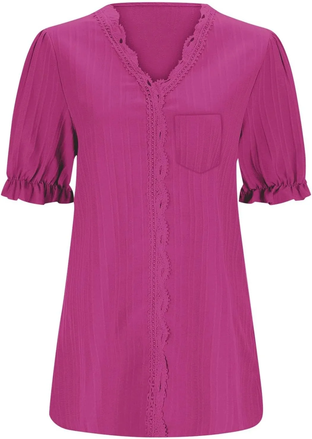Women's Elegant Lace V Neck Puff Short Sleeve Dressy Casual Tops Shirt Blouse with Pocket Trendy Outfit 2025