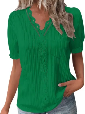 Women's Elegant Lace V Neck Puff Short Sleeve Dressy Casual Tops Shirt Blouse with Pocket Trendy Outfit 2025