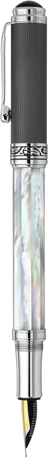 Xezo Maestro Handmade Fountain Pen, Medium Nib. Iridescent Oceanic Origin White Mother of Pearl with Diamond-Like Carbon PVD. Serialized, No Two Pens Alike