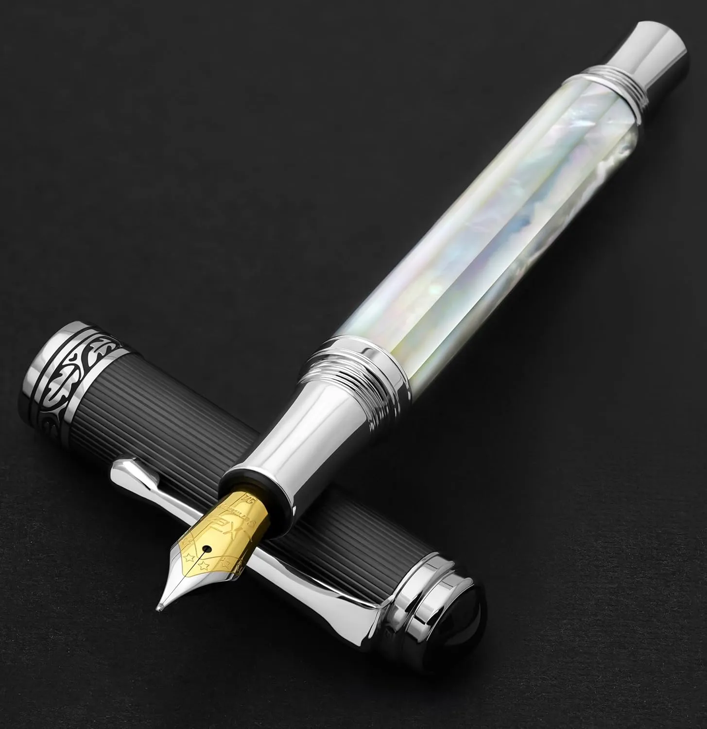 Xezo Maestro Handmade Fountain Pen, Medium Nib. Iridescent Oceanic Origin White Mother of Pearl with Diamond-Like Carbon PVD. Serialized, No Two Pens Alike