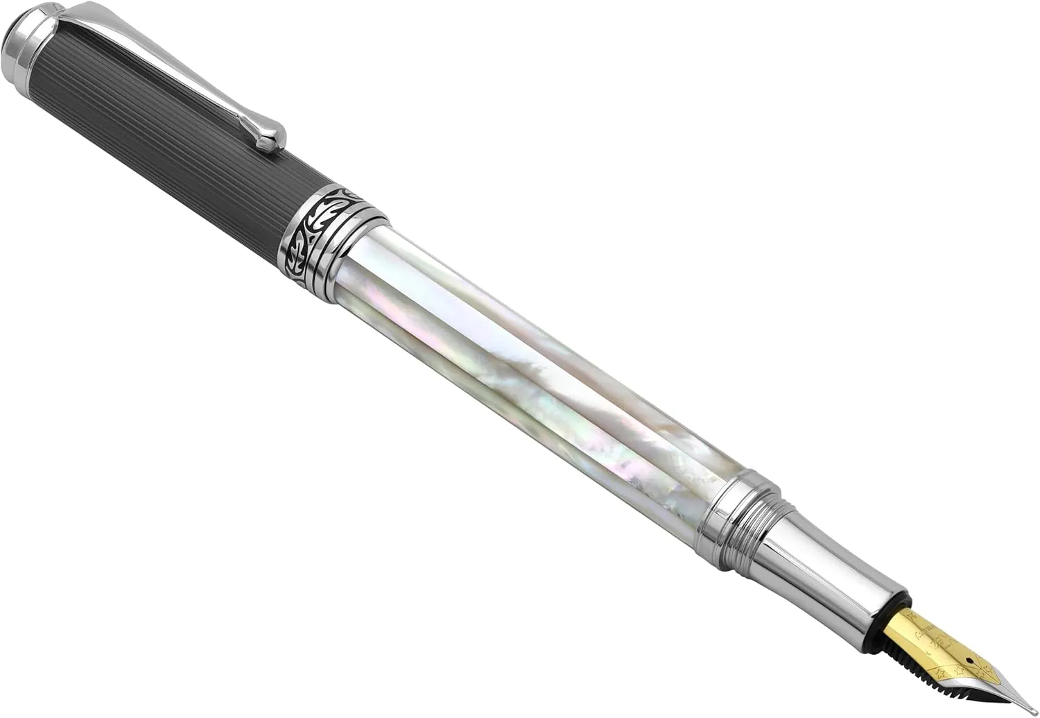 Xezo Maestro Handmade Fountain Pen, Medium Nib. Iridescent Oceanic Origin White Mother of Pearl with Diamond-Like Carbon PVD. Serialized, No Two Pens Alike
