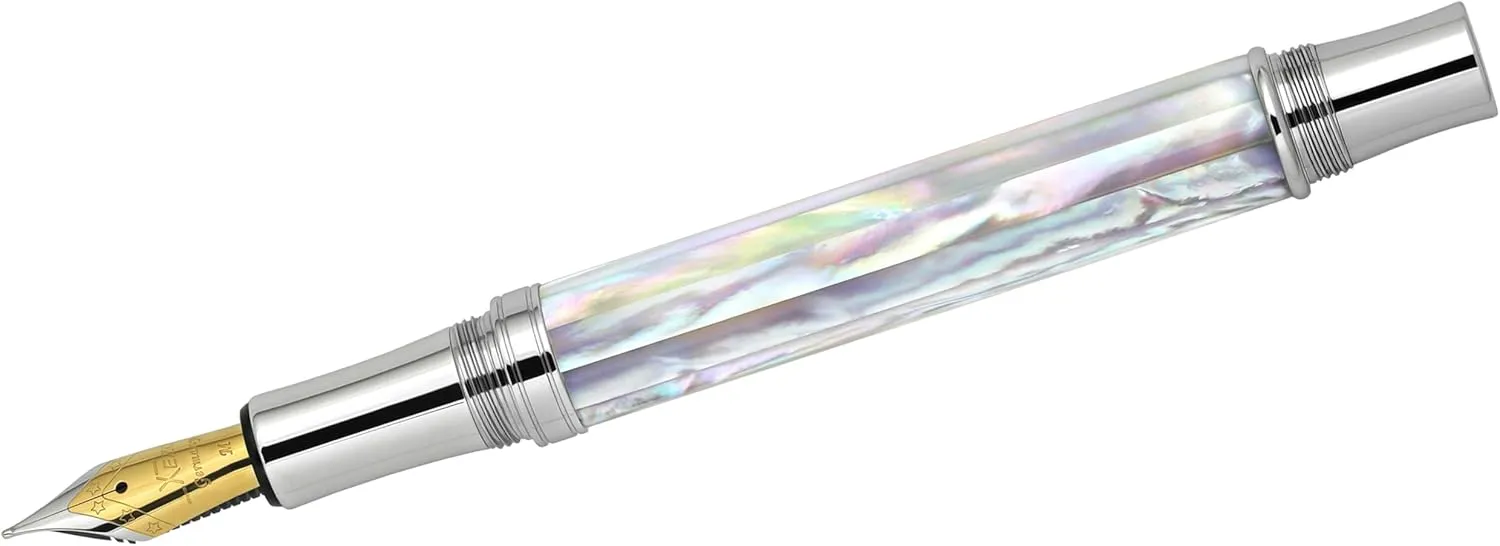 Xezo Maestro Handmade Fountain Pen, Medium Nib. Iridescent Oceanic Origin White Mother of Pearl with Diamond-Like Carbon PVD. Serialized, No Two Pens Alike