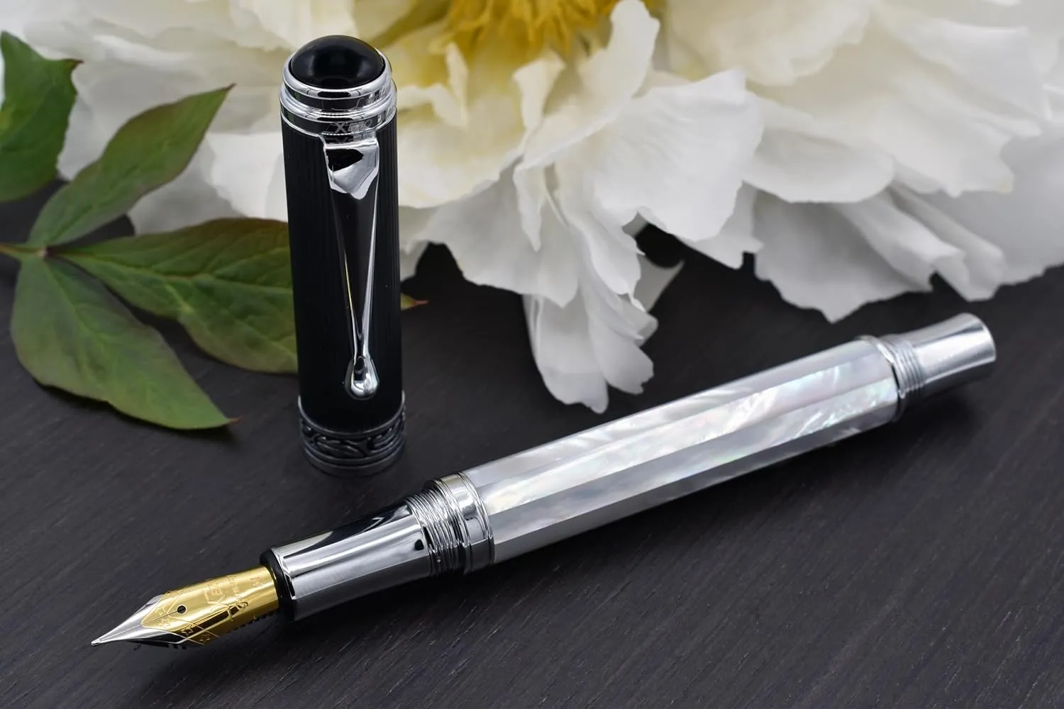 Xezo Maestro Handmade Fountain Pen, Medium Nib. Iridescent Oceanic Origin White Mother of Pearl with Diamond-Like Carbon PVD. Serialized, No Two Pens Alike