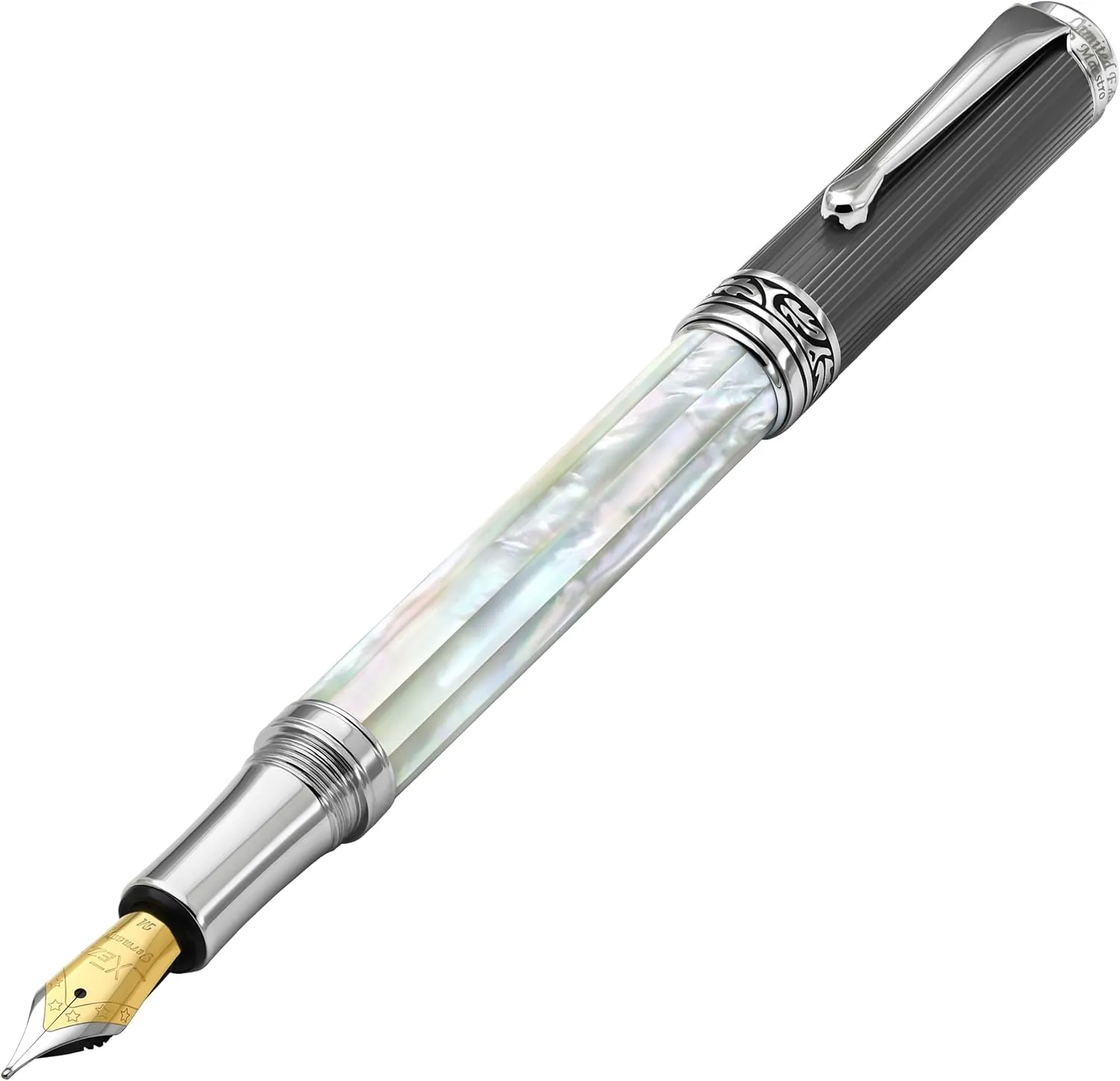 Xezo Maestro Handmade Fountain Pen, Medium Nib. Iridescent Oceanic Origin White Mother of Pearl with Diamond-Like Carbon PVD. Serialized, No Two Pens Alike