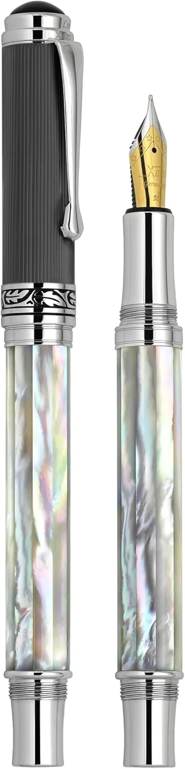 Xezo Maestro Handmade Fountain Pen, Medium Nib. Iridescent Oceanic Origin White Mother of Pearl with Diamond-Like Carbon PVD. Serialized, No Two Pens Alike