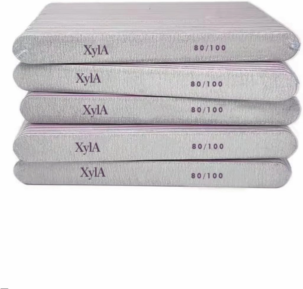 Xyla Professional Nail Files 80/100 Grit, Double Sided Emery Boards for Acrylic Gel Nails, Set of 5, Strong and Durable