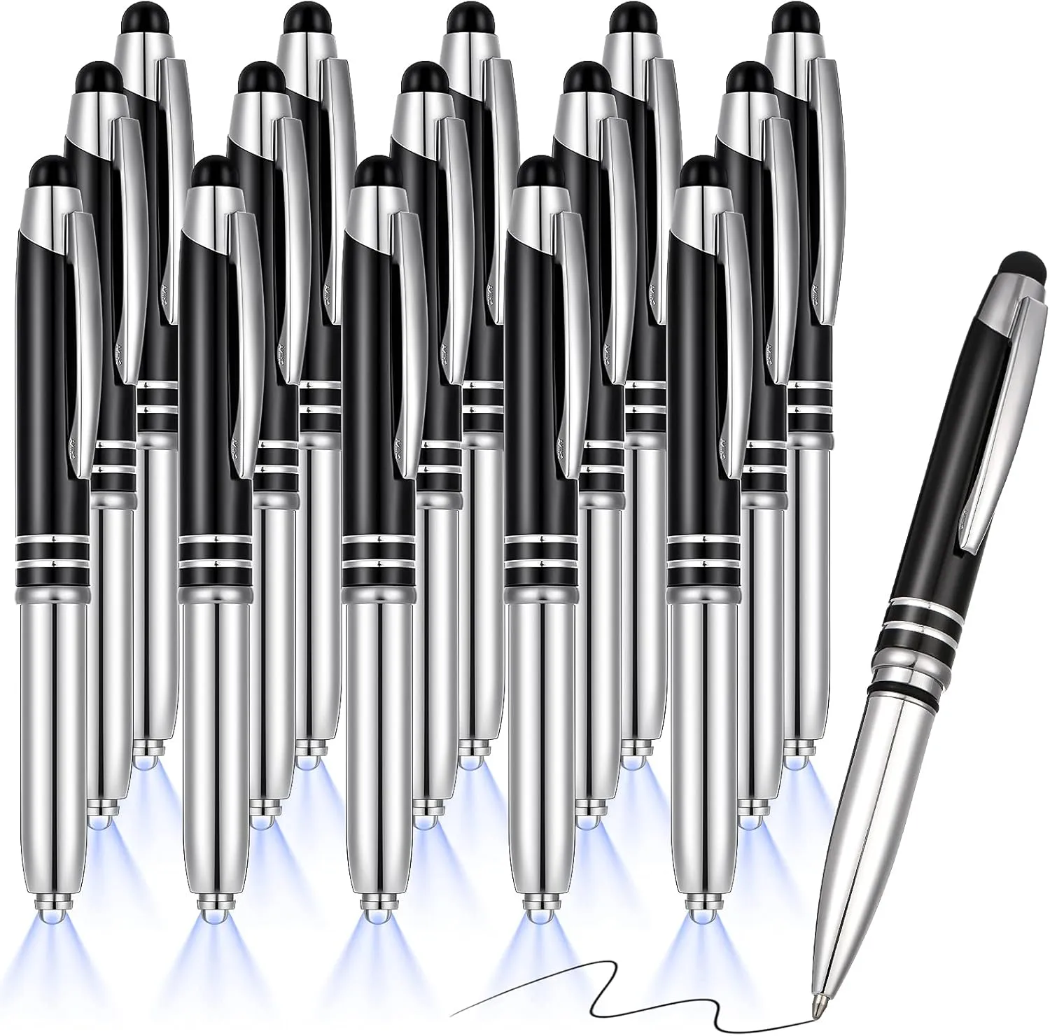 Zonon 15 Pieces LED Ballpoint Pen with Stylus Tip, Multi-Function Capacitive Pen with LED Flashlight, 1.0 mm Black Ink Metal Ballpoint for Touch Screens, 3 in 1 Stylus(Black)