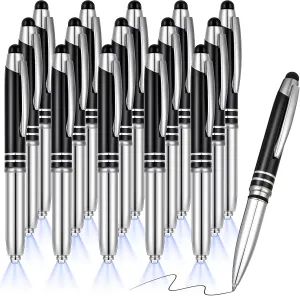 Zonon 15 Pieces LED Ballpoint Pen with Stylus Tip, Multi-Function Capacitive Pen with LED Flashlight, 1.0 mm Black Ink Metal Ballpoint for Touch Screens, 3 in 1 Stylus(Black)