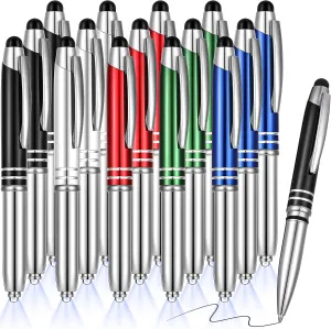 Zonon 15 Pieces LED Ballpoint Pen with Stylus Tip, Multi-Function Capacitive Pen with LED Flashlight, 1.0 mm Black Ink Metal Ballpoint for Touch Screens, 3 in 1 Stylus(Delicate Colors)