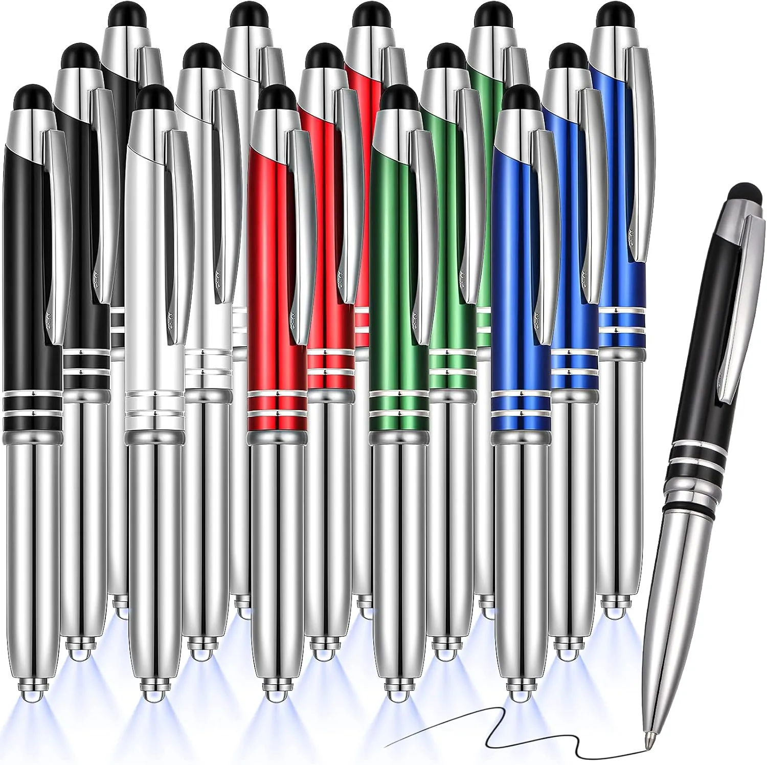 Zonon 15 Pieces LED Ballpoint Pen with Stylus Tip, Multi-Function Capacitive Pen with LED Flashlight, 1.0 mm Black Ink Metal Ballpoint for Touch Screens, 3 in 1 Stylus(Delicate Colors)