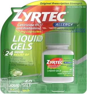 Zyrtec 24 Hour Indoor & Outdoor Allergy Liquid Gels, Antihistamine Capsules with Cetirizine Hydrochloride for All-Day Allergy Relief, 40 ct ( Pack of 2)