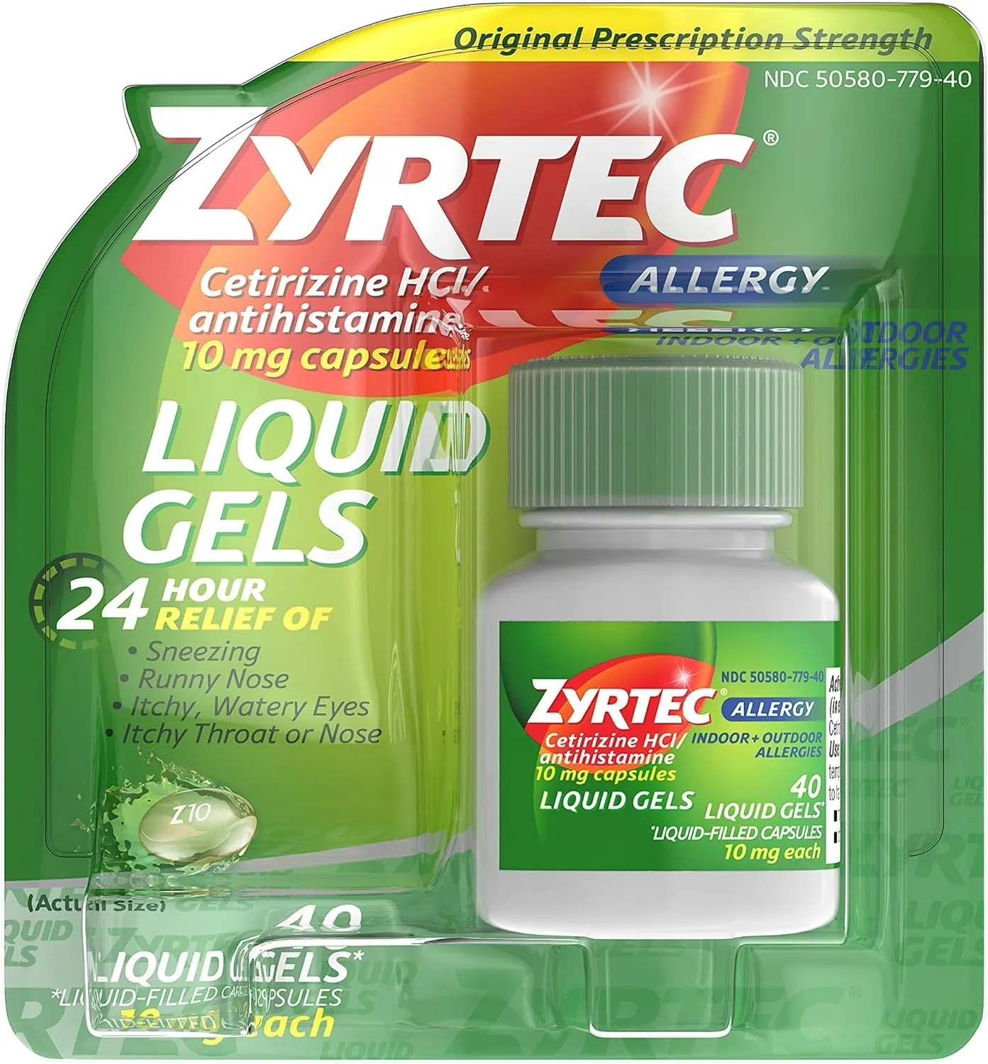 Zyrtec 24 Hour Indoor & Outdoor Allergy Liquid Gels, Antihistamine Capsules with Cetirizine Hydrochloride for All-Day Allergy Relief, 40 ct ( Pack of 2)